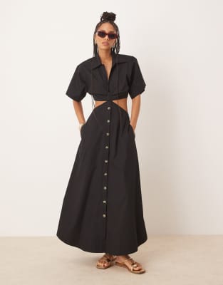 Asos Design V Neck Cut Out Waist Midi Dress In Black