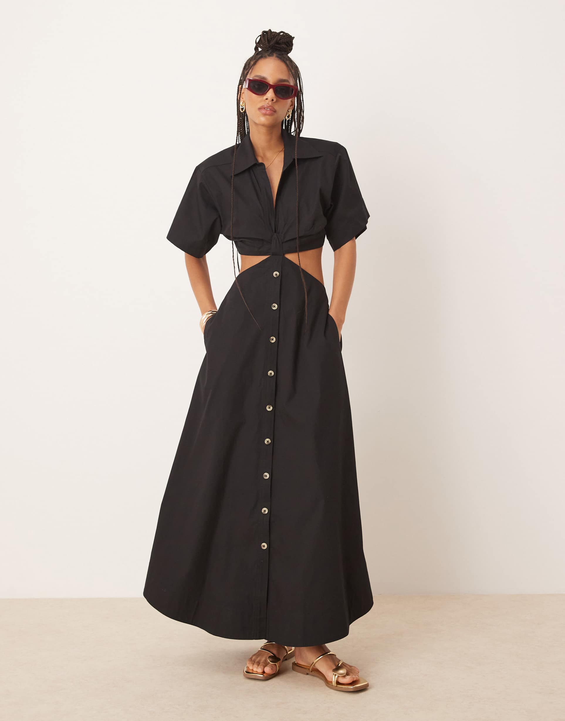 asos design v neck cut out waist midi dress in black