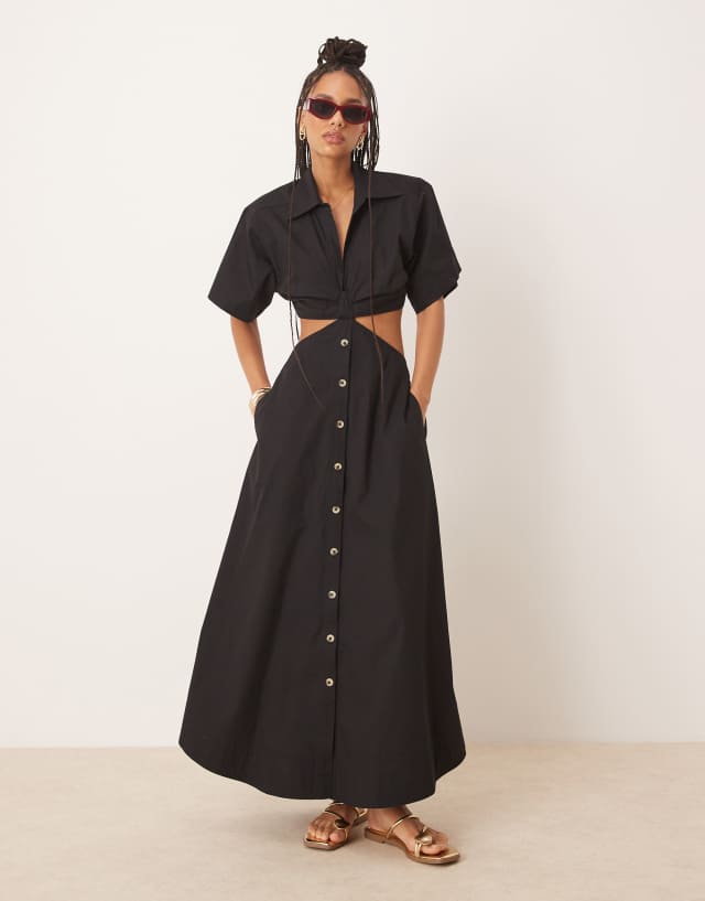 ASOS DESIGN v neck cut out waist midi dress in black