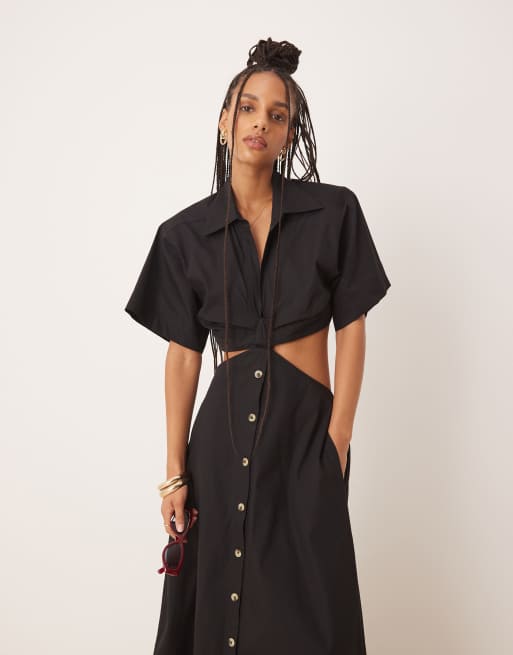 ASOS DESIGN v neck cut out waist midi dress in black