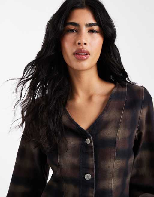 ASOS DESIGN v neck denim top in plaid print, 2 of 4