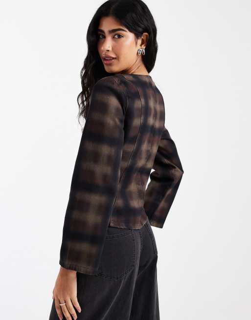 ASOS DESIGN v neck denim top in plaid print, 4 of 4