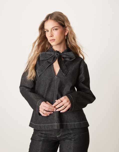 ASOS DESIGN v neck denim top with bow tie neck in black - view 1