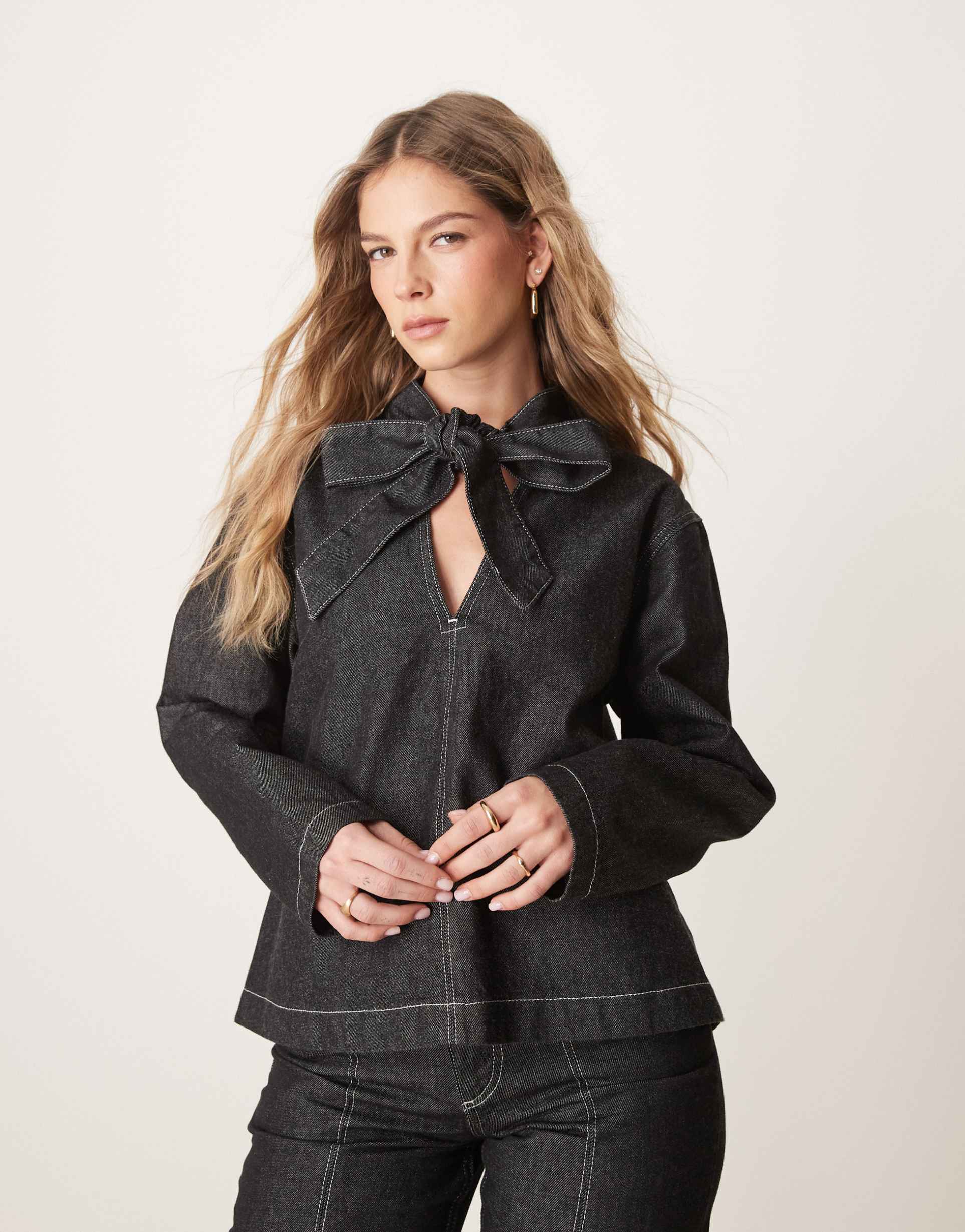 asos design v neck denim top with bow tie neck in black