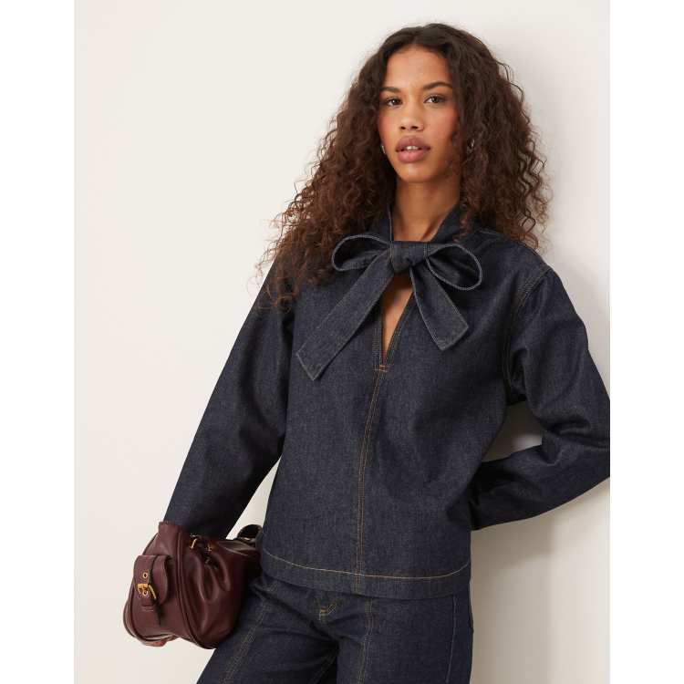 ASOS DESIGN v neck denim top with bow tie neck | ASOS