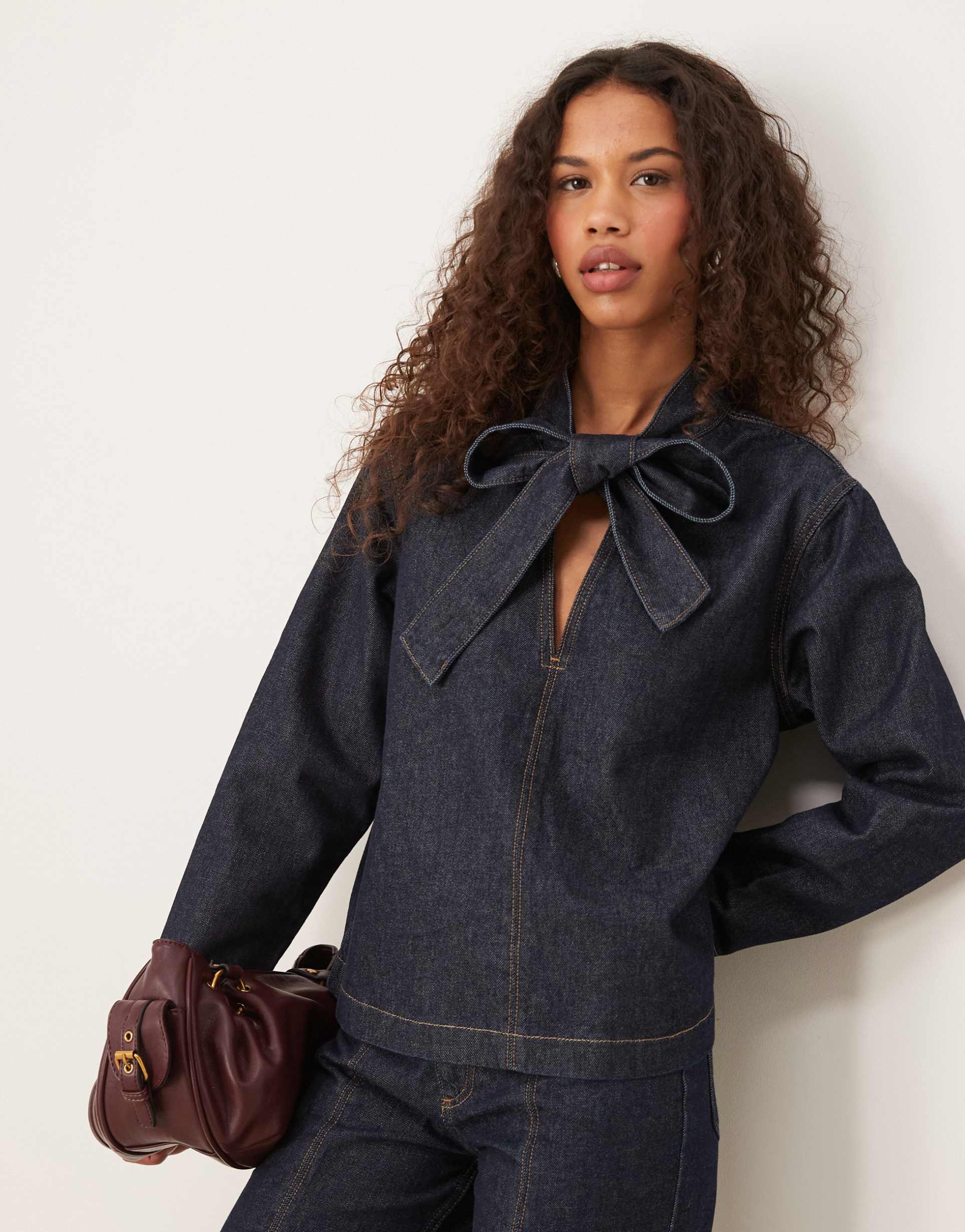asos design v neck denim top with bow tie neck