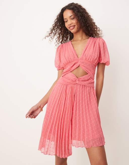 ASOS DESIGN V-neck double twist front pleated mini dress in coral pink, 2 of 4
