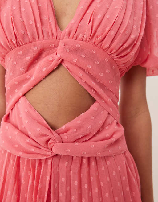 ASOS DESIGN V-neck double twist front pleated mini dress in coral pink, 3 of 4