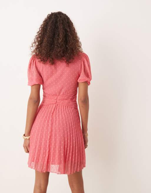 ASOS DESIGN V-neck double twist front pleated mini dress in coral pink, 4 of 4