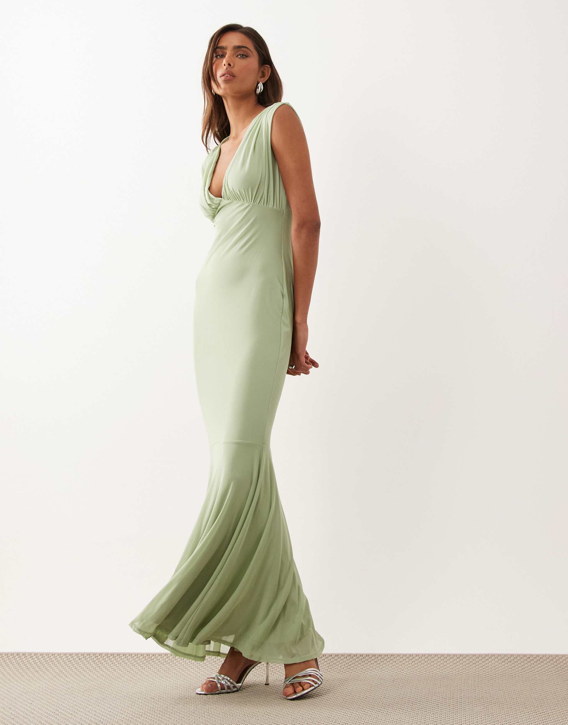 asos design v neck fishtail maxi dress in sage
