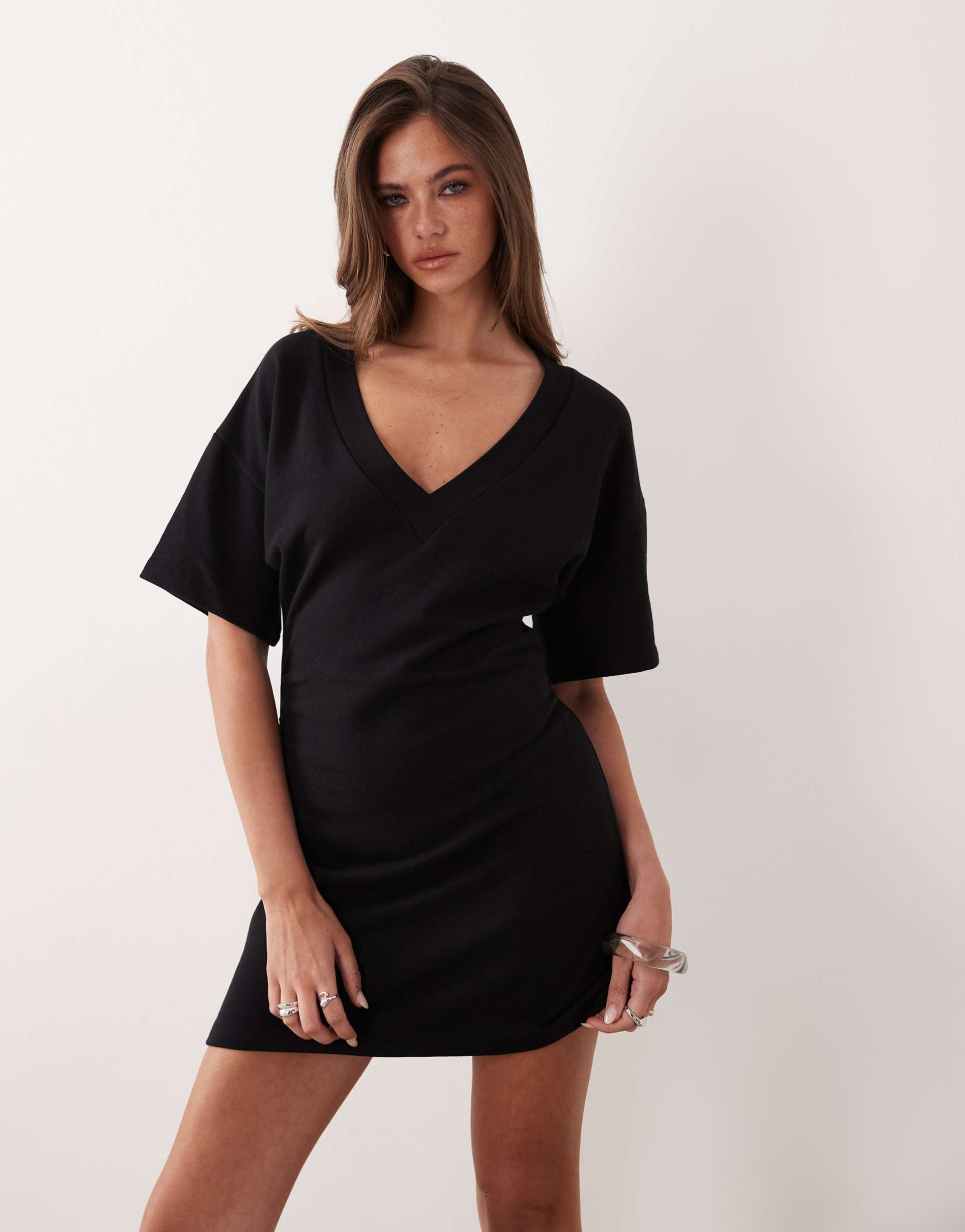 asos design v-neck fitted t-shirt dress in black