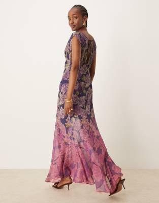 Asos Design V-neck Floral Ombre Print Maxi Dress-multi