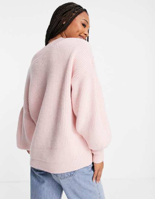 ASOS DESIGN v neck fluffy jumper in pink