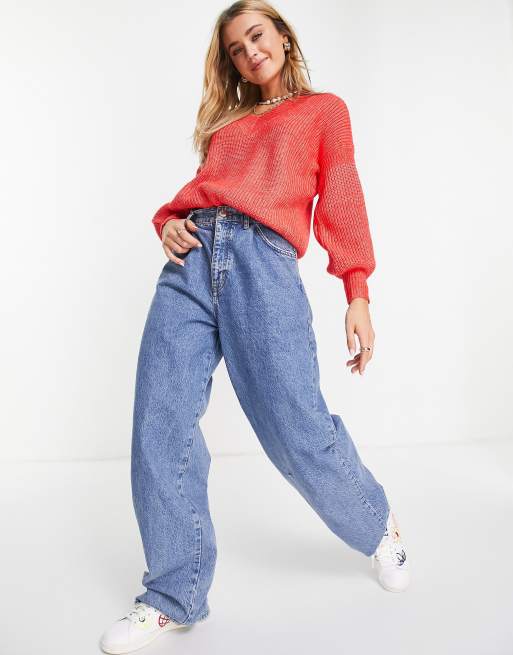 ASOS DESIGN v-neck fluffy jumper in red, 2 of 4