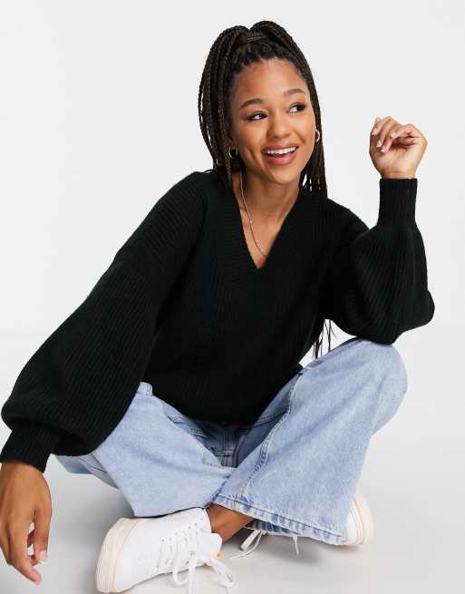 ASOS DESIGN v neck fluffy sweater in black | ASOS