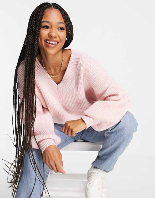 ASOS DESIGN high neck sweater in fluffy yarn in pink