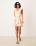 [ASOS DESIGN] ASOS DESIGN v neck flutter sleeve mini dress in cherry print-Multi 6 Cherry Print