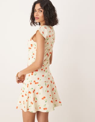 ASOS DESIGN v neck flutter sleeve mini dress in cherry print