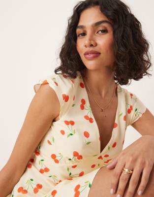ASOS DESIGN v neck flutter sleeve mini dress in cherry print