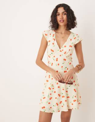 ASOS DESIGN v neck flutter sleeve mini dress in cherry print