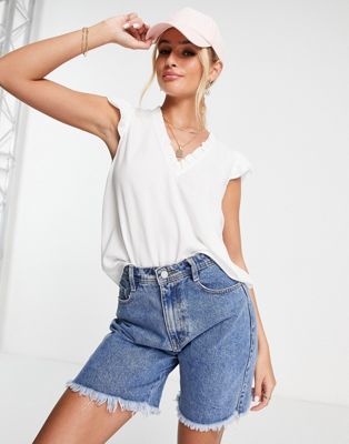 ASOS DESIGN v-neck frill top with cap sleeve in white