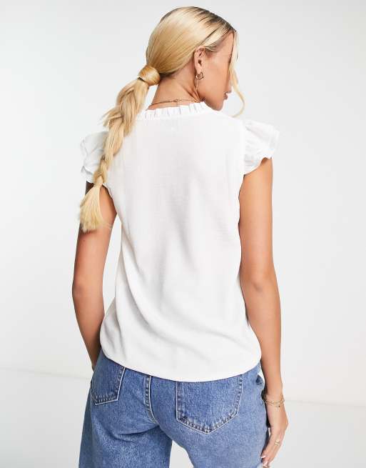 ASOS DESIGN v-neck frill top with cap sleeve in white