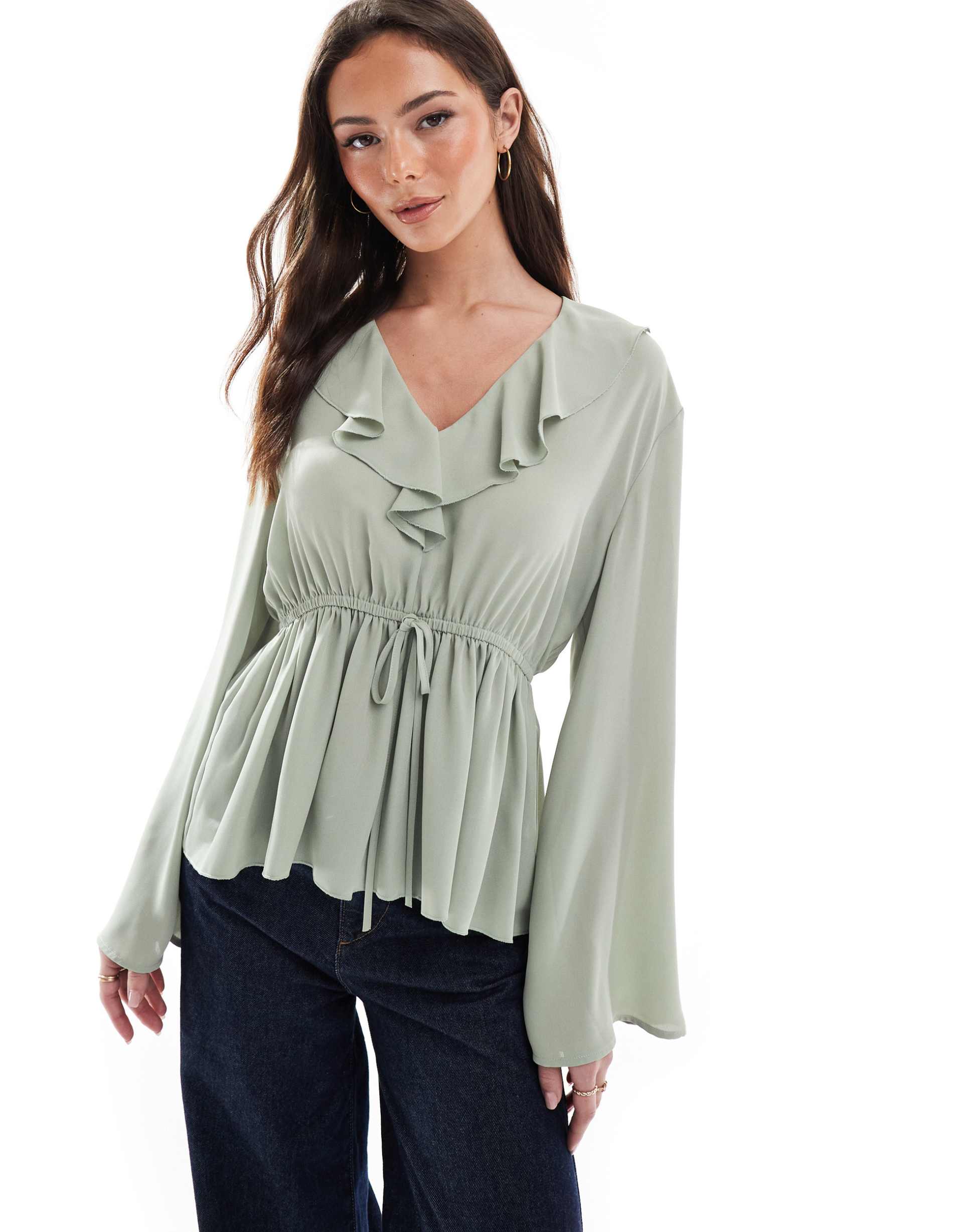 asos design v neck frill top with peplum hem in khaki