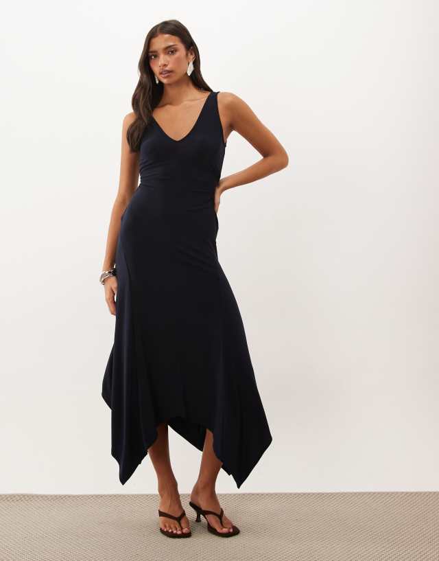 high waist v neck dress ASOS DESIGN v-neck handkerchief hem midi in navy double high slit dress