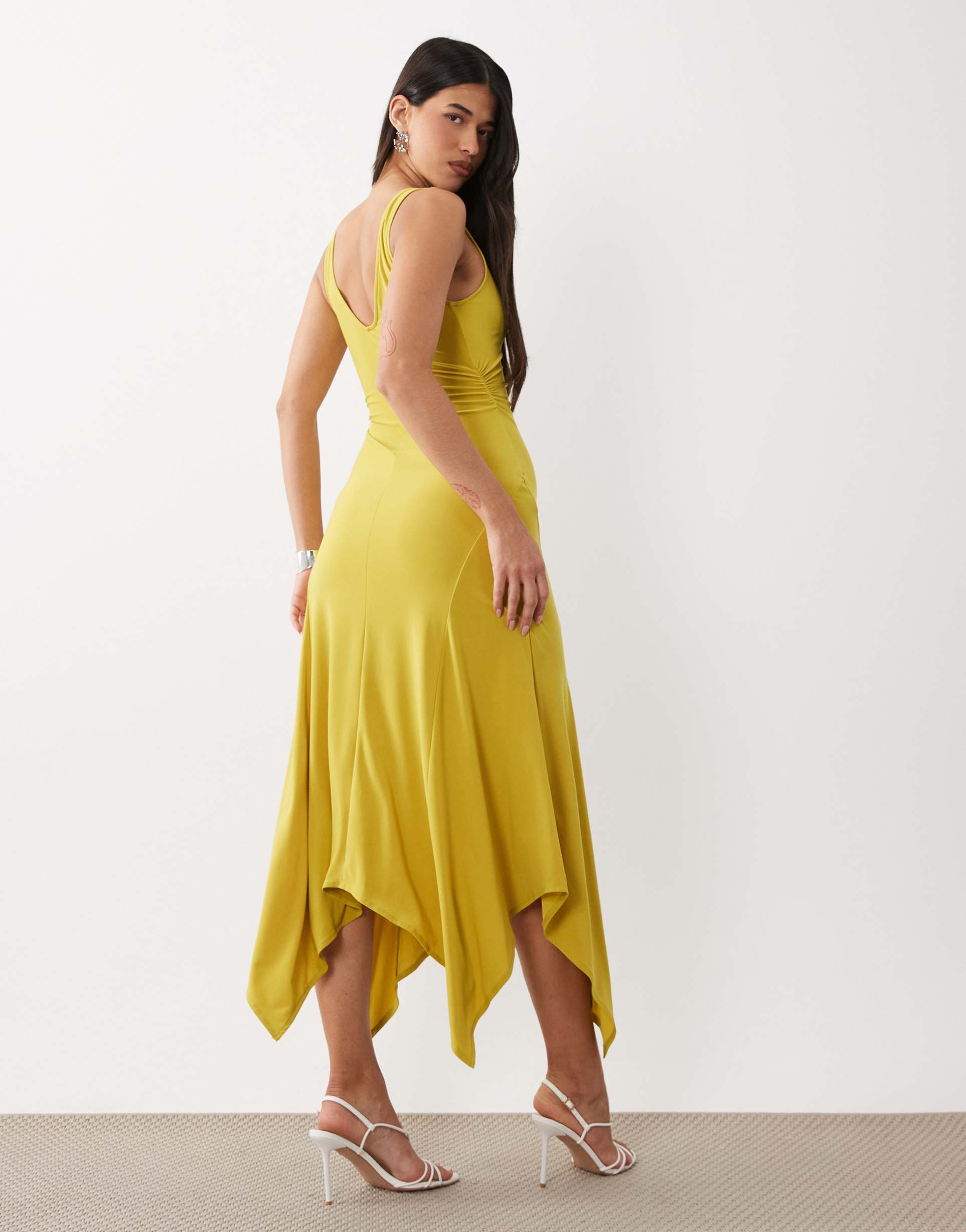 asos design v neck hanky hem midi dress in avocado