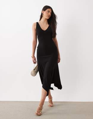 Asos Design V Neck Hanky Hem Midi Dress In Black