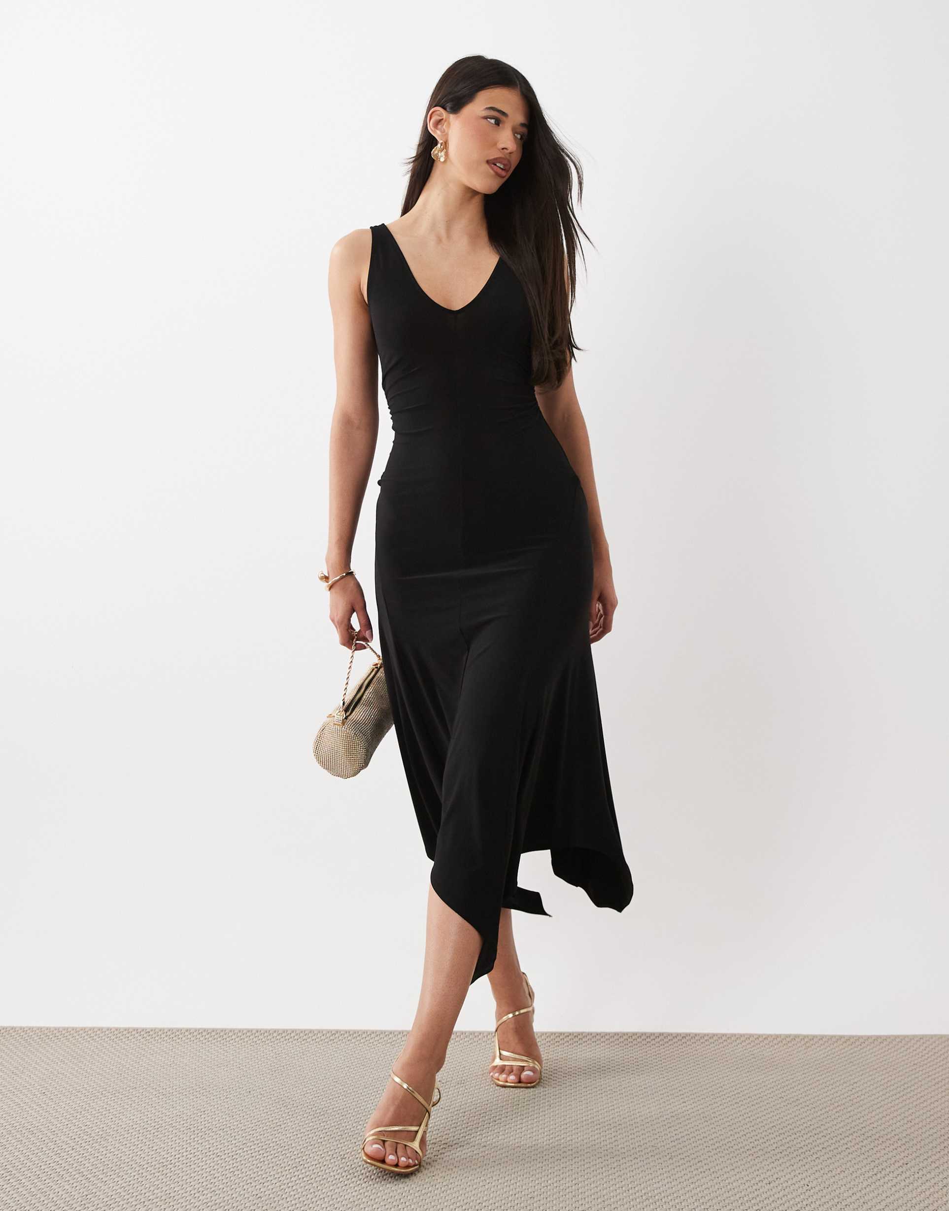 asos design v neck hanky hem midi dress in black