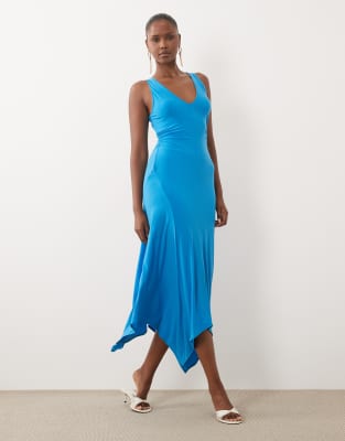 Asos Design V Neck Hanky Hem Midi Dress In Blue