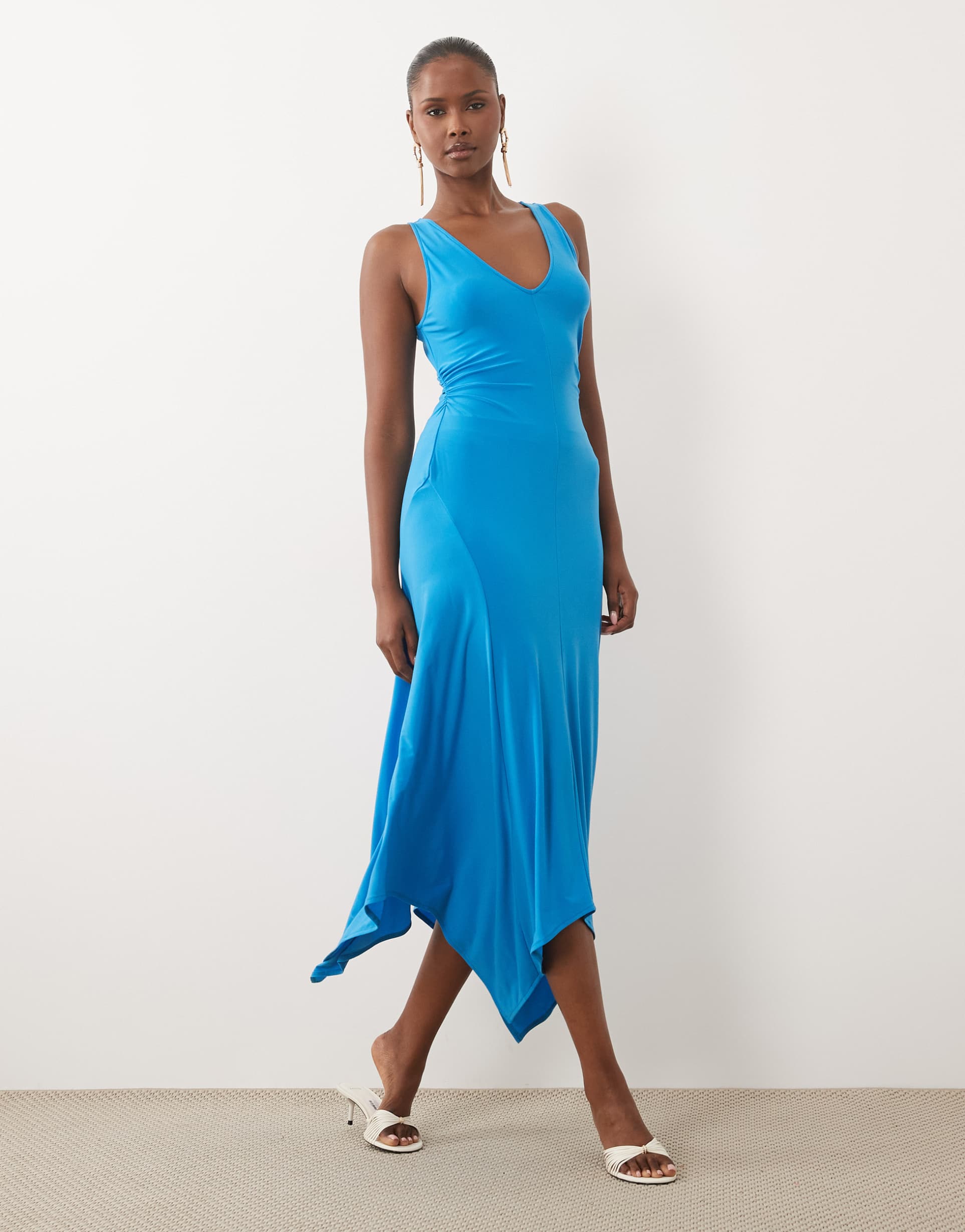 asos design v neck hanky hem midi dress in bright blue