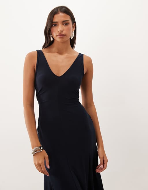 ASOS DESIGN v-neck hanky hem midi dress in navy, 3 of 4