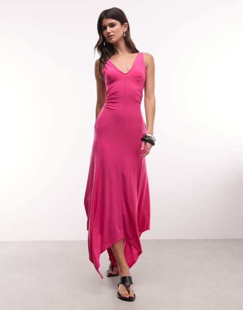 ASOS DESIGN v neck hanky hem midi dress in pink - view 1