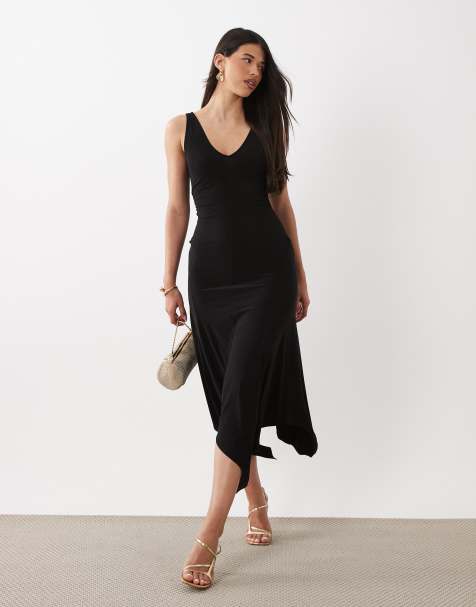 ASOS DESIGN v neck hanky hem soft slinky midi dress in black - view 1