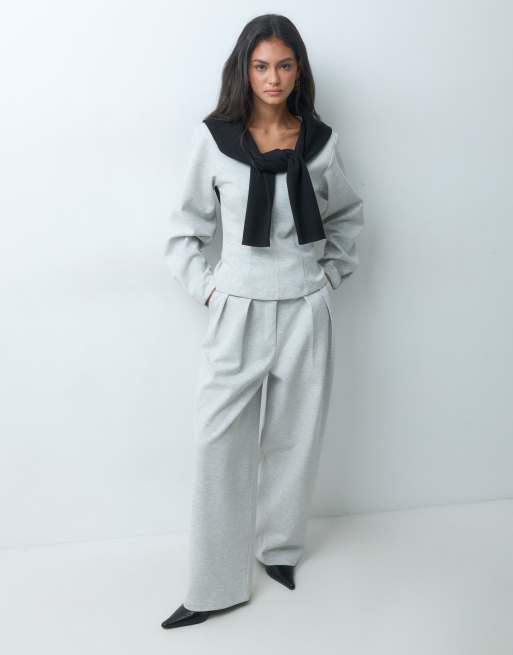 ASOS DESIGN V neck interlock fitted sweat co-ord in grey marl, 2 of 5