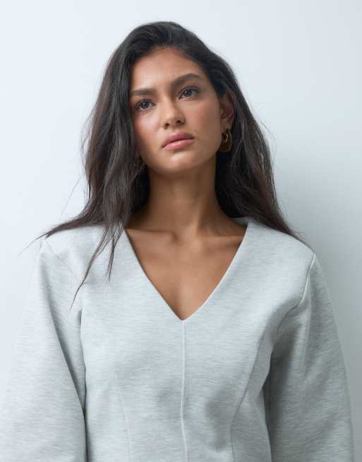 ASOS DESIGN V neck interlock fitted sweat co-ord in grey marl, 3 of 5