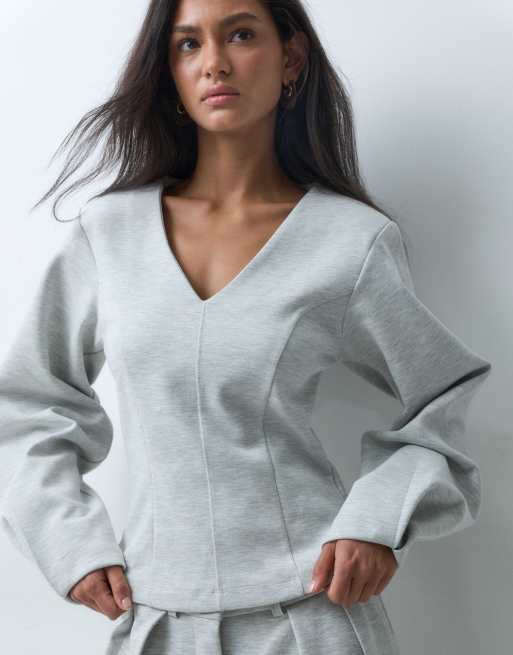 ASOS DESIGN V neck interlock fitted sweat co-ord in grey marl, 5 of 5
