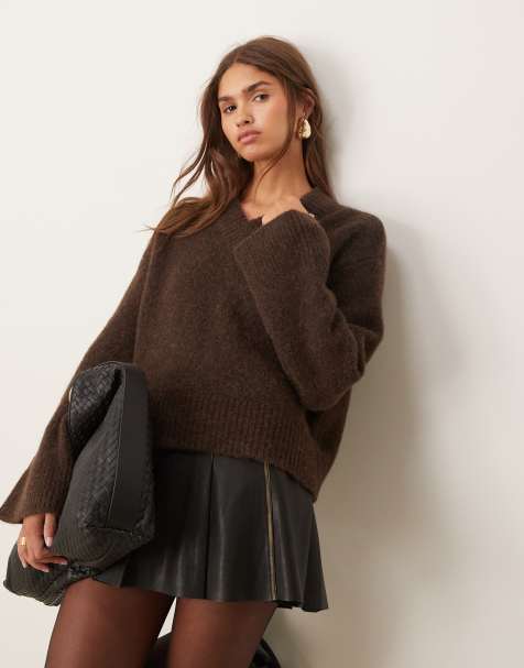 ASOS DESIGN v neck jumper in alpaca wool blend in brown - view 1