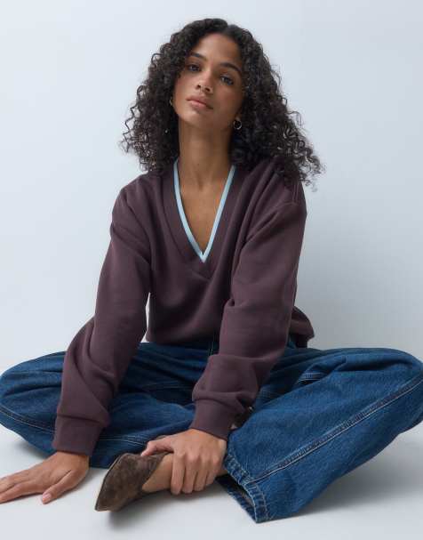 ASOS DESIGN V neck jumper in brown with contrast rib in blue - view 1
