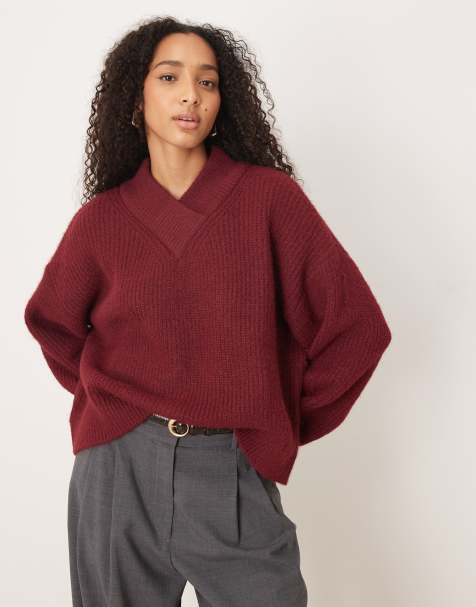 ASOS DESIGN v neck jumper in burgundy - BURGUNDY - view 1