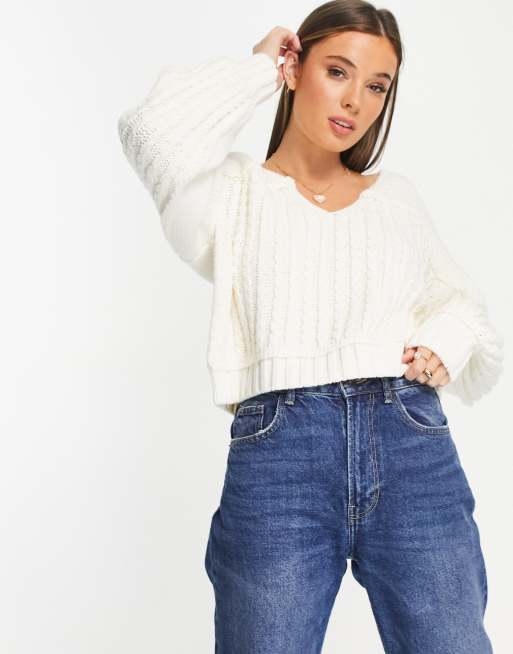 ASOS DESIGN v neck jumper in mixed cable stitch in cream