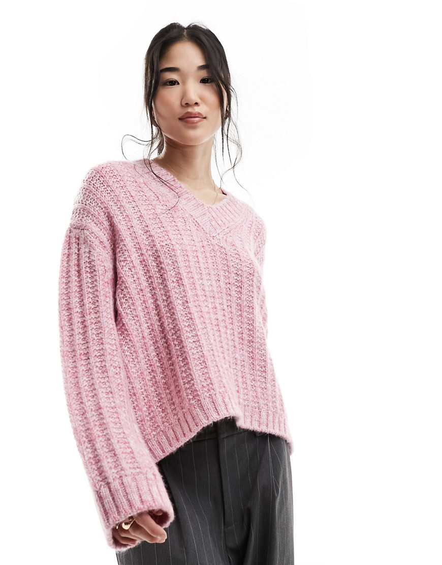 ASOS DESIGN v neck jumper in pink twist yarn