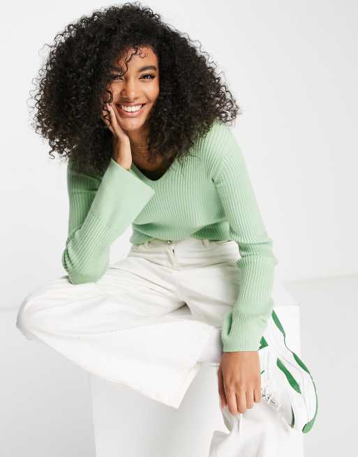 ASOS DESIGN v neck jumper in rib in green