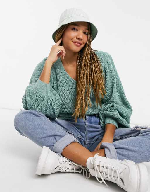 ASOS DESIGN v neck jumper with shoulder pads in light green