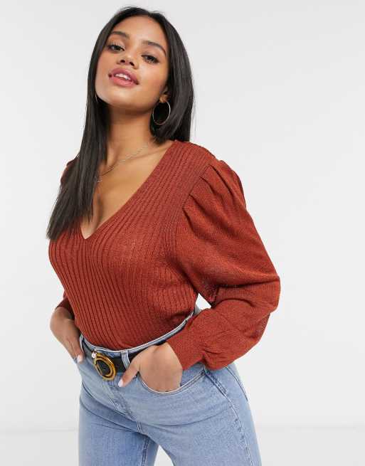 ASOS DESIGN v neck jumper with volume sleeve in rust