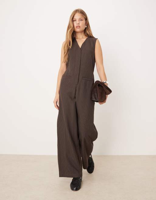 ASOS DESIGN V neck jumpsuit in chocolate pinstripe