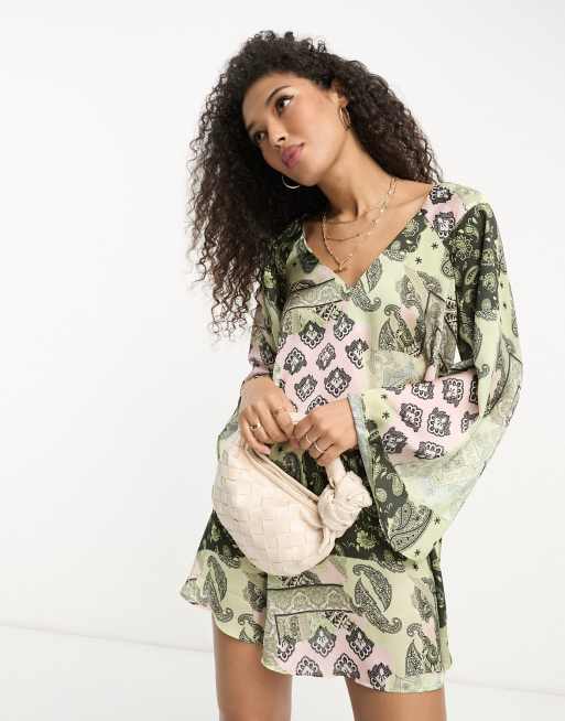 ASOS DESIGN v neck kimono sleeve mini smock dress with cross back in mixed paisley