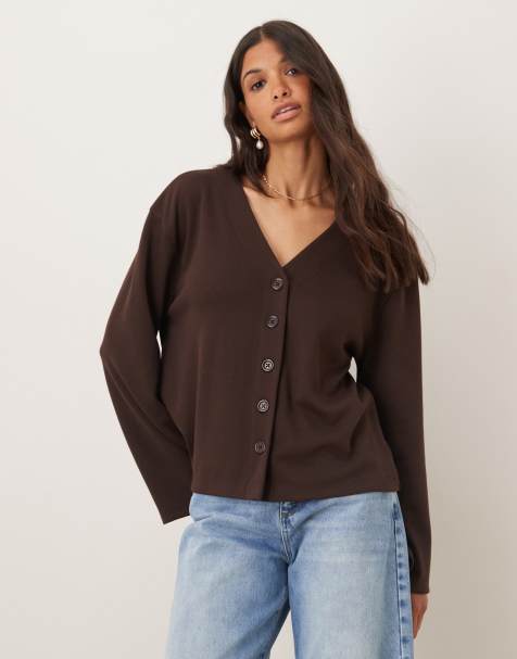 ASOS DESIGN v neck knit long sleeve cardigan in chocolate - view 1